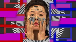 artwork of asian woman with hands on face