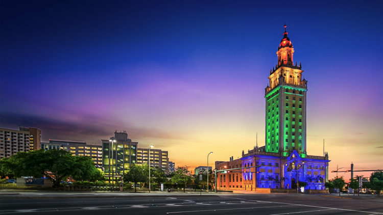 Miami Dade College Freedom Tower IIluminated in Pride colors