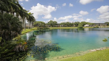 Shot of campus buildings and lake