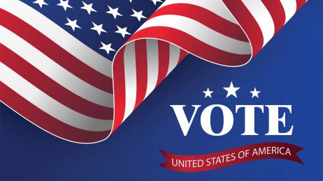 Graphic of waving American flag and the word Vote