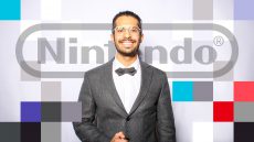 Portrait of Michael Chatila in front of Nintendo logo and graphics
