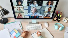Computer screen with teacher and students on screen