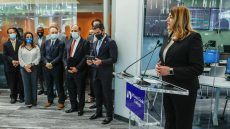 President Madeline Pumariega and members of the District Board of Trustees, joined by Miami Mayor Francis Suarez at announcement