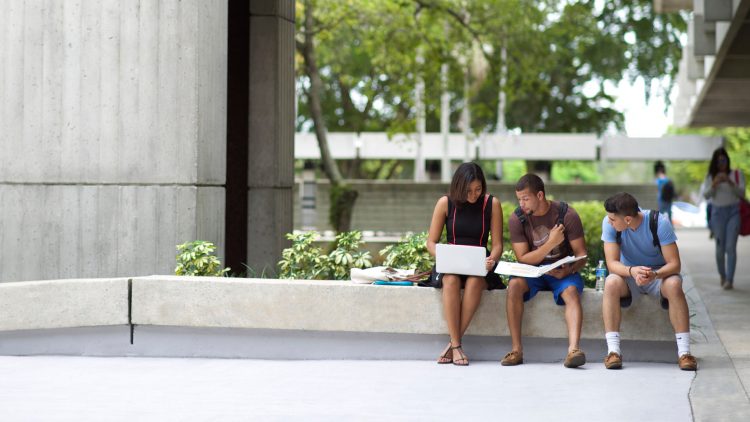 Three students sitting outside on campus