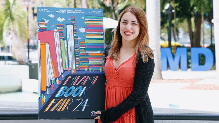 Person dressed in red and black holding a poster depicting colofull books