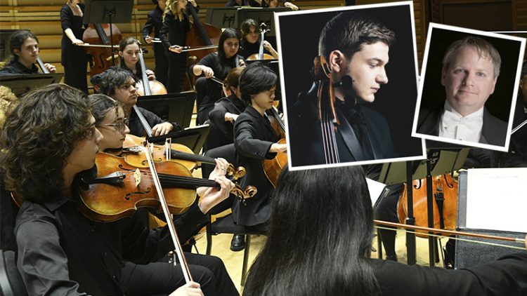 Symphony Orchestra student musicians playing on stage, with inset photos of two men.