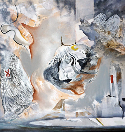 Abstract painting with grey and red tones.