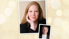 Photo of person wearing black with hand on face and smaller photo of person wearing a black tuxedo and bow tie.